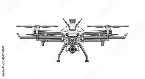 Detailed illustration of a modern drone with multiple propellers and advanced camera system.