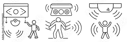 Outline icons depicting different motion sensor or detector types and usage