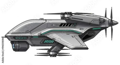 Futuristic aircraft design with advanced technology and propeller-driven propulsion system for efficient flight.