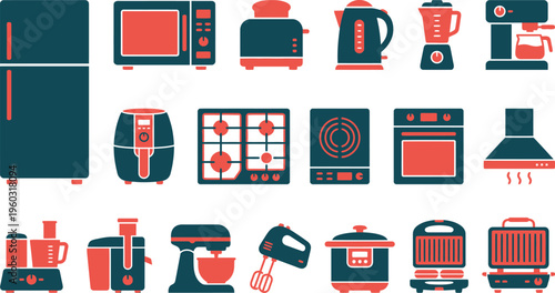 A diverse collection of modern kitchen and home appliances, depicted with clean, vibrant, flat design icons.