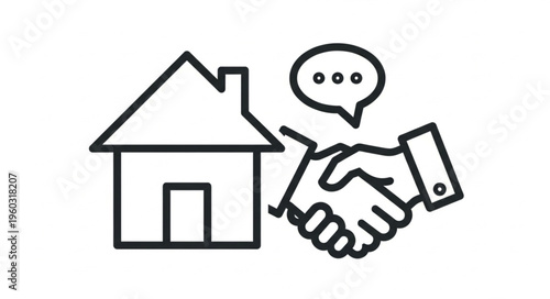 Real estate deal handshake agreement with house icon and speech bubble.