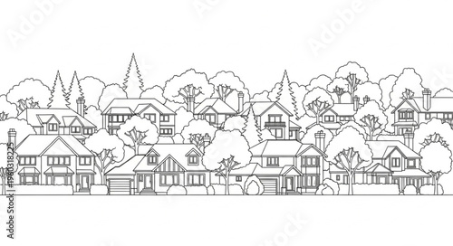 Detailed black and white sketch of suburban houses and trees in a neighborhood.