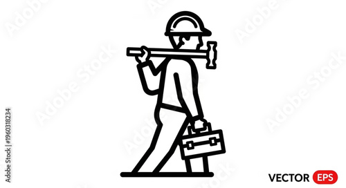 Construction worker carrying tools, ready for work, wearing a helmet, walking forward.