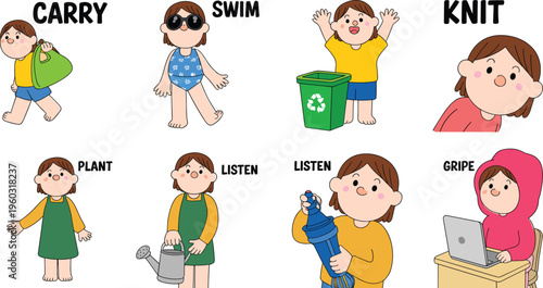 Kids daily activities vector illustration set, children actions carry swim knit plant listen recycle complain, educational verbs learning cartoon characters collection