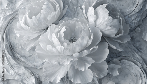 white peony  flower wallpaper on gray texture elegant mural with 3d embossed	
