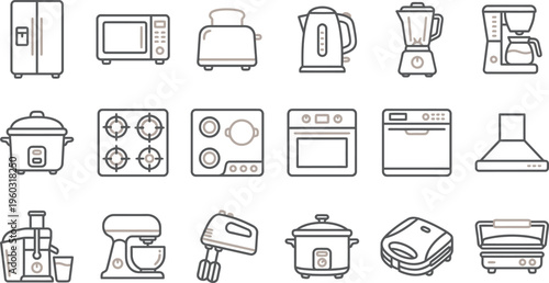 Collection of modern kitchen appliance icons representing various cooking and food preparation tools