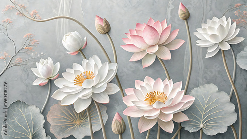 white and pink flower lotus wallpaper on gray texture elegant mural with 3d embossed