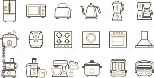 Collection of modern kitchen appliance icons representing cooking and food preparation tools