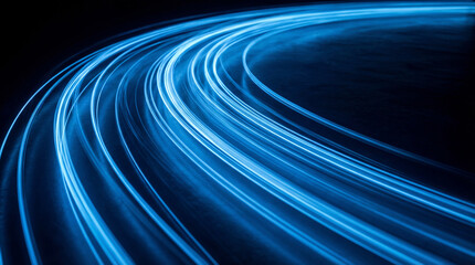 Abstract blue light trails dynamically curving, representing high-speed data flow, digital connectivity.