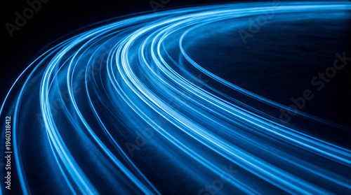 Canvas Print Abstract blue light trails dynamically curving, representing high-speed data flow, digital connectivity
