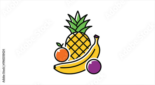 Colorful illustration of a pineapple, banana, orange, and plum, representing a vibrant assortment of fresh fruits.