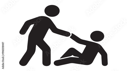 Supportive person helping a fallen friend to stand up, community support and empathy concept, black silhouette icon isolated on white background.