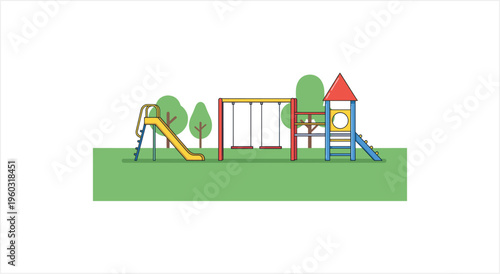 Colorful Outdoor Playground with Slides, Swings, and Play Structures.