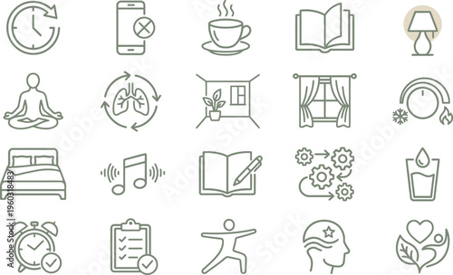 Set of wellness icons representing healthy habits like sleep, exercise, meditation, and hydration