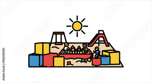 Colorful Outdoor Playground with Sun and Play Structures for Children.