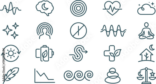 Wellness and balance icons set representing health, energy, sleep, and mental well-being concepts.