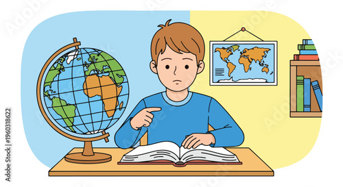 Curious young boy learning geography, pointing at an open book with a globe and world map nearby. Concept of education and knowledge.