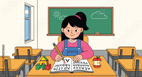 Cute Asian schoolgirl learning to write alphabet letters in a bright classroom. Young student practicing handwriting and early education skills at primary school desk.