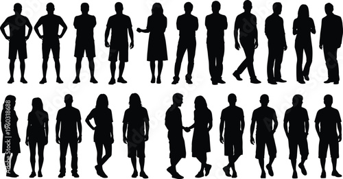 collection of diverse standing and walking people silhouettes isolated on white background, full body human figures set black vector illustration
