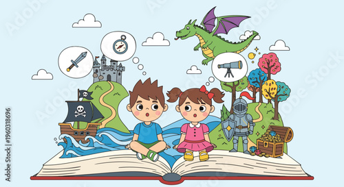 Young children's vibrant imagination sparks to life from an open storybook, featuring a boy and girl immersed in a world of fantasy adventure with dragons, castles, and pirates.