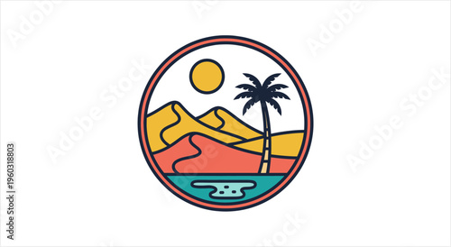 Desert oasis with palm tree and sun in a circular badge design.