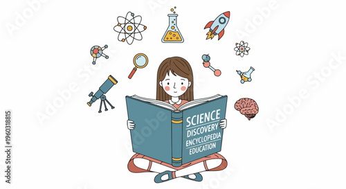 Young girl immersed in a science book, surrounded by symbols of discovery, education, and exploration. Concept of learning, knowledge, and scientific curiosity.