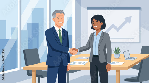 Business professionals shaking hands in a modern office, symbolizing partnership and agreement