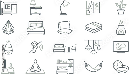 Collection of minimalist line icons representing various bedroom furniture and sleep wellness concepts.