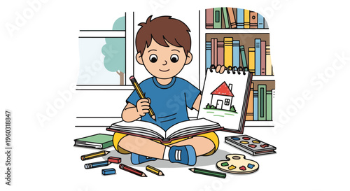 Happy young boy drawing a house in his sketchbook, surrounded by colorful art supplies and books. Childhood creativity, learning, and artistic development at home.