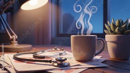 Gentle cartoon doctor?s office at dusk with steaming mug, desk lamp, files, and potted succulent