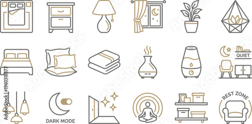 Collection of minimalist line icons representing various elements essential for a relaxing bedroom environment.