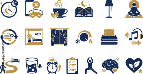 Promoting restful sleep with a collection of wellness icons, illustrating healthy daily routines and habits.