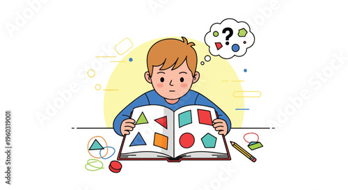 Curious child studying geometric shapes in an educational book, contemplating and problem-solving, concept of early learning and development.