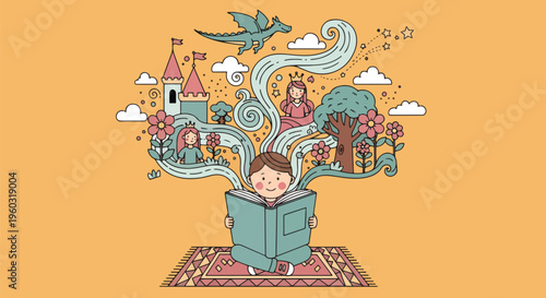 Young boy reading a captivating story, his imagination creating a vibrant fantasy world with dragons, castles, and royal figures.