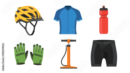 Cycling Gear and Accessories Set Illustration: Helmet, Jersey, Gloves, Shorts, Water Bottle, and Pump Collection