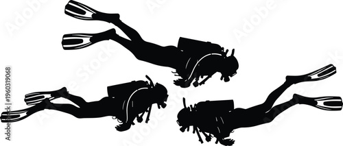 Black silhouette illustration of three scuba divers swimming underwater with fins, tanks, and masks, symbolizing marine artwork, ocean design, diving creativity, and adventure projects