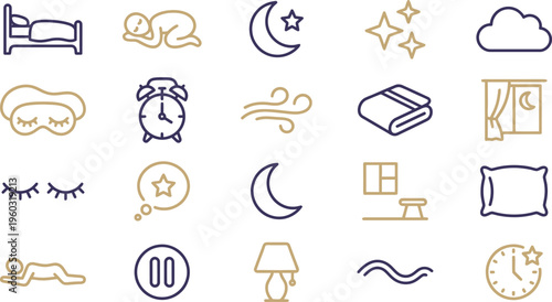Illustrative minimalist line icons representing sleep, relaxation, dreams, and bedtime elements, perfect for modern digital design resources.