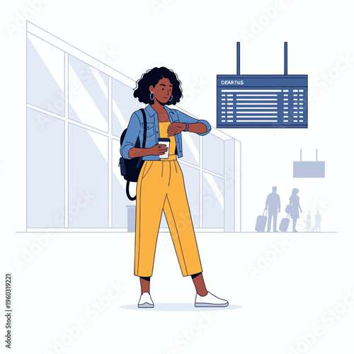 Young Black Woman Checking Watch at Airport with Luggage and Departure Board in Background