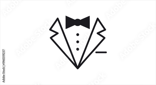 Elegant tuxedo with bow tie outline icon representing formal wear.