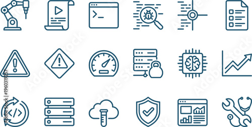 Collection of technology and development outline icons representing software engineering concepts and process monitoring.