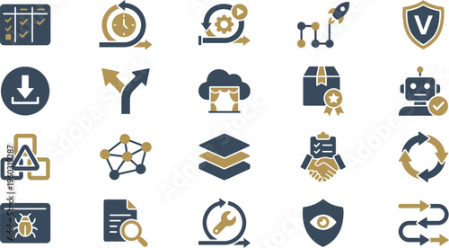 Collection of versatile blue and gold icons representing complex software development and agile processes.