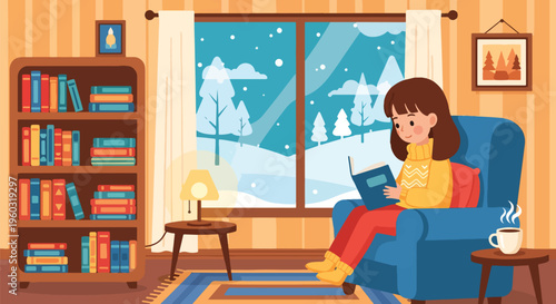 Cozy winter scene: a girl reading a book by the fireplace with a snowy landscape visible through the window