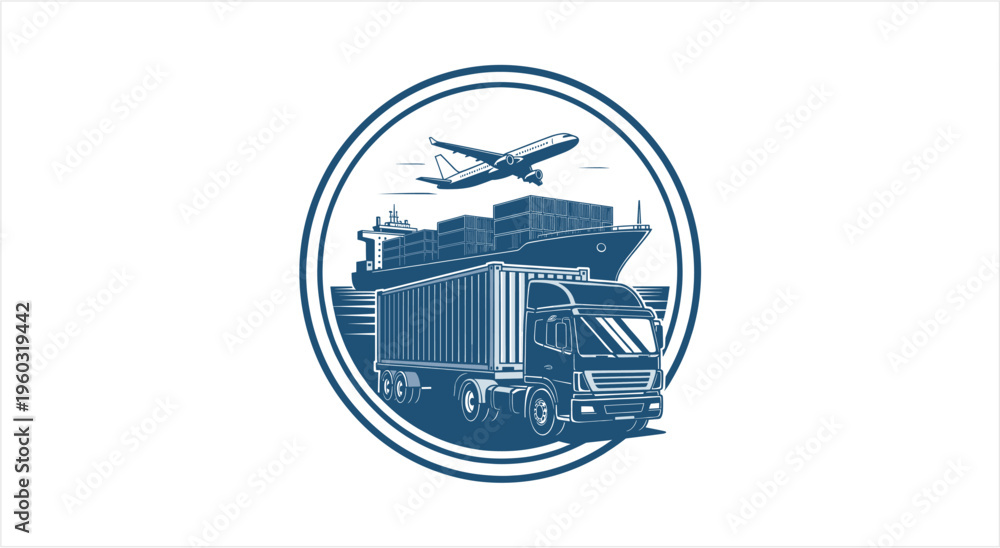 Naklejka premium Global Logistics and Transportation Network with Truck Ship and Plane.