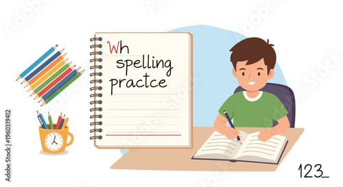 Cute boy doing spelling practice at his desk with pencils and a notebook, educational concept