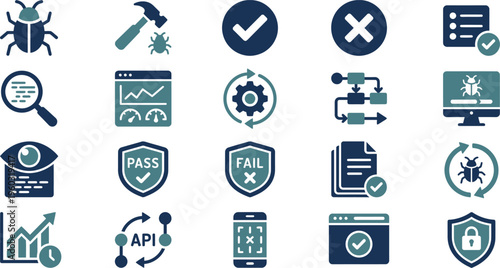 A comprehensive collection of digital vector icons illustrating software development, testing, quality assurance, and cybersecurity processes.
