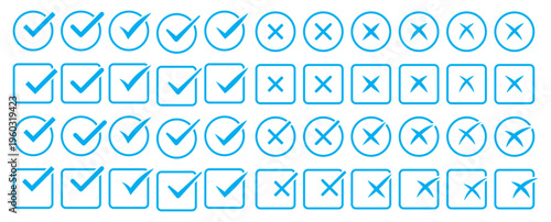 Check tick mark icon set. Cross box check mark checkbox list vector draw hand drawn sketch doodle brush marker checklist symbol wrong right circle. Vector Illustration. Red, Green, Black color EPS 10