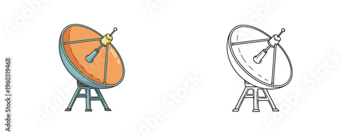 Drawn style vector illustration of an orange and blue satellite dish and its outline version on white background, representing telecommunications, signal, or broadcasting