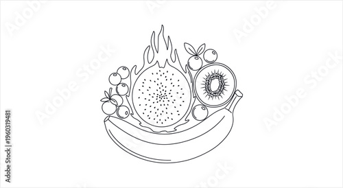 Line Art Illustration of a Variety of Fresh Fruits.