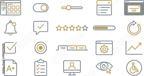 Minimalist collection of user interface icons featuring dark blue and gold accent elements
