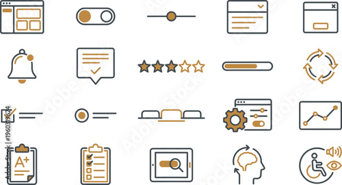 A collection of user interface and experience icons for web and app design, including settings, notifications, and analytics.